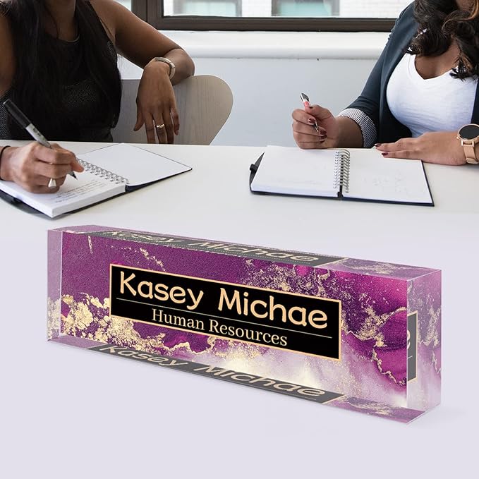 SalaGraphics Desk Name Plate Personalized, Custom for Desk, Office Decor Men, Acrylic Accessories, Gifts Coworkers Boss Teacher, Employee Appreciation (Purple/Gold), 8''(L)x2.5(W)