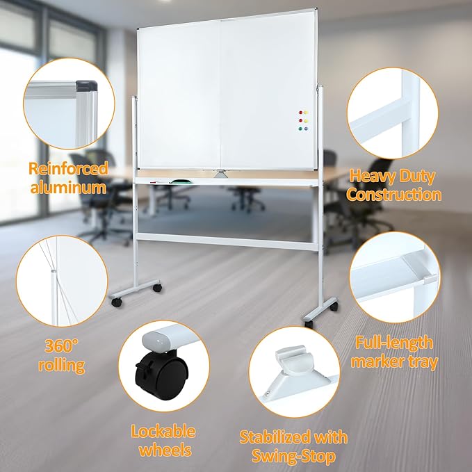 47 x 35 in Double Sided Rolling Whiteboard, Mobile Whiteboard Magnetic White Board - Large Reversible Dry Erase Board Easel Standing Board on Wheels with Stand