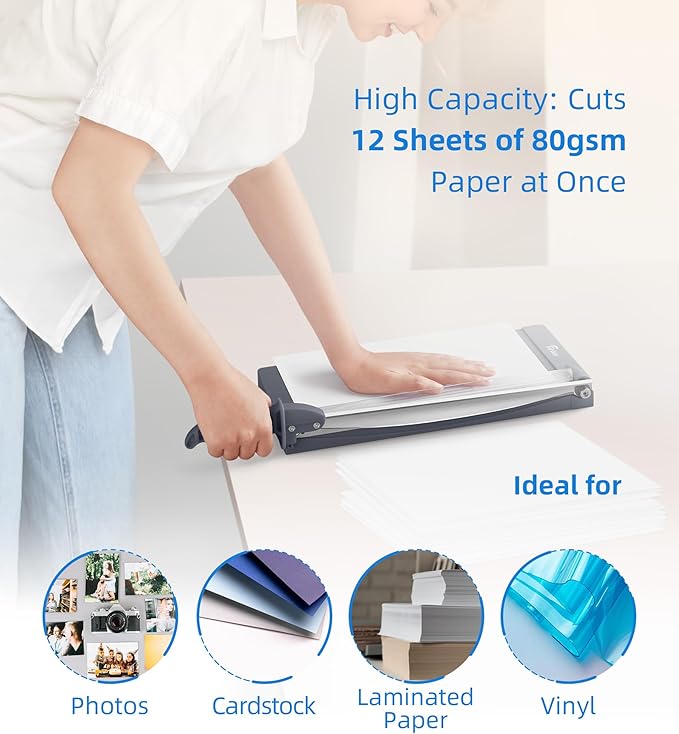 Firbon 12" Guillotine Paper Cutter with Hidden Ruler, Compact Heavy Duty 12-Sheet Capacity Trimmer for Cardstock, Photos, Scrapbooking, Office, Classroom, Studio (Gray)