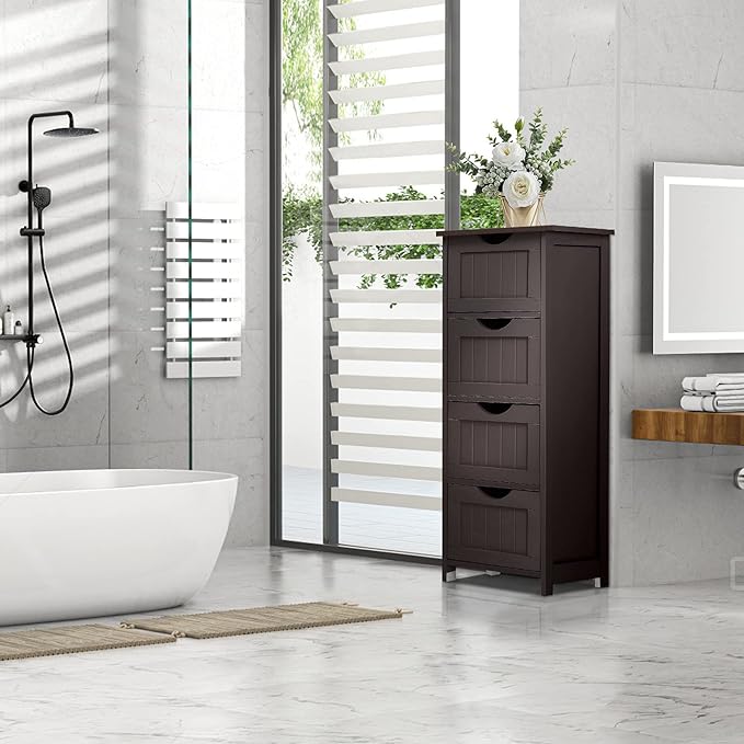 VINGLI Espresso Bathroom Storage Cabinet with 4 Drawers Wooden Freestanding Slim Bathroom Floor Cabinet Small Side Organizer Storage Unit for Restroom Livng Room Kitchen Office Hallway Entryway