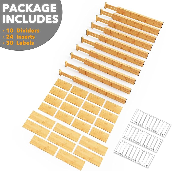 SpaceAid Bamboo Drawer Dividers with Inserts and Labels, Kitchen Adjustable Drawer Organizers, Expandable Organization for Home, Office, Dressers, 10 Dividers with 24 Inserts (17"-22" Natural)