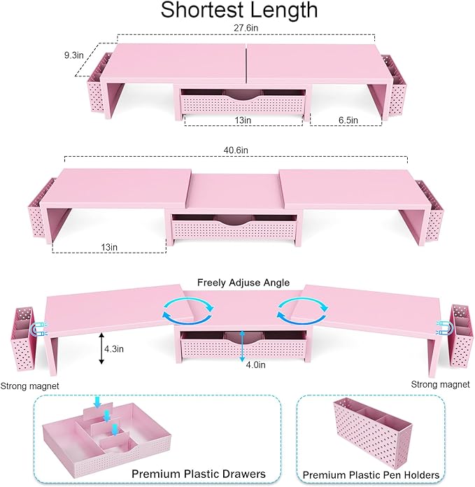 gianotter Dual Monitor Stand Riser, Desk Organizer With Drawer and 2 Pen Holders,Desk Organizers and Accessories, Pink Office Supplies (Pink)