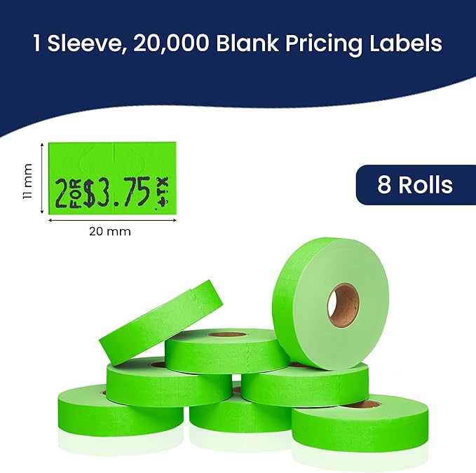 Perco Fluorescent Green Pricing Labels for Monarch 1131 Price Gun – 3 Sleeves, 24 Rolls Value Pack - 60,000 Price Marking Labels – with Ink Rolls Included