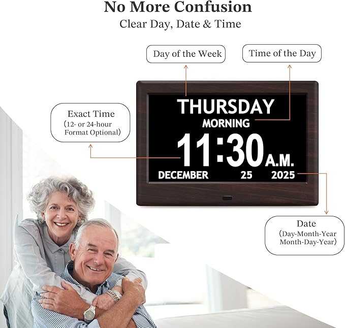 7'' Dementia Clock For Seniors, Large Display Digital Clock With Date, Time, Day Of Week for Elderly, Alzheimer, 1024*600P HD, 10 Reminders & 6 Alarms, Auto Dimming & DST, Remote Control, Brown