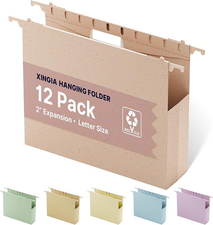 Wheat Straw Plastic Hanging File Folders Letter Size, 12 Pack Extra Capacity Filing Cabinet Folders for Bulk Files/Medical Charts, Heavy Duty 2 Inch Expansion File Organizer(Morandi Pink)