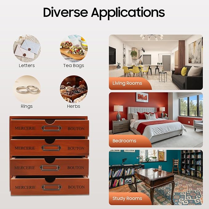 Stackable Wooden Desk Organizer with 4 Drawers Retro Brown Modular Storage Boxes for Home Office, Makeup, Stationery - No Assembly Required