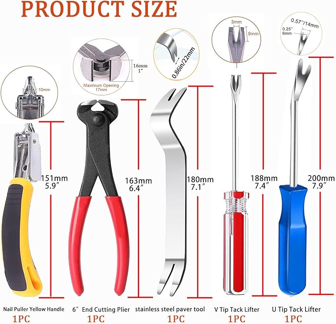 Puwany 5pcs Upholstery Staple Remover Tool with Nail Puller Pliers Tack Puller Staple Puller, Nail Remover Tool for Furniture Floor Carpet Wall Wooden Case Photo Frame，Zipper Package.