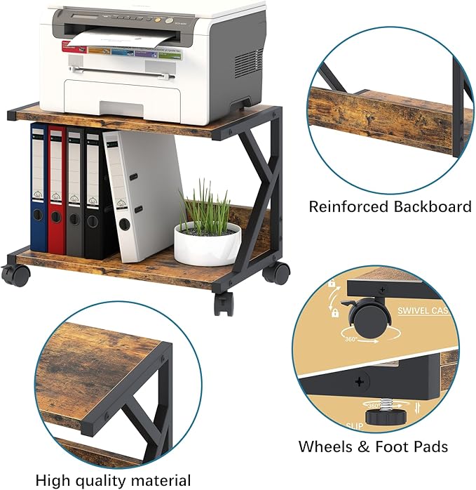 aboxoo Desktop Printer Stand with 2 Tier Wood Storage Shelves,Under Desk Printer Table,Multi-Purpose Home Office Desk Organizer for Fax Machine, Scanner (Rustic Brown)