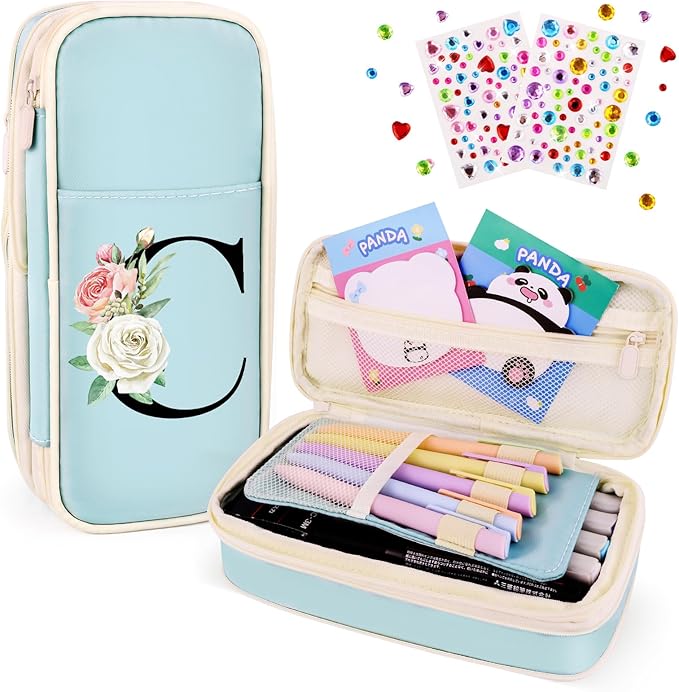 Preppy Pencil Case for Girls, Cute Large Pencil Pouch, Personalized Initial Pencil Bag with Zipper for School College Office Supplies, Back to School Supplies Gifts for Teen Girls (C, Blue)