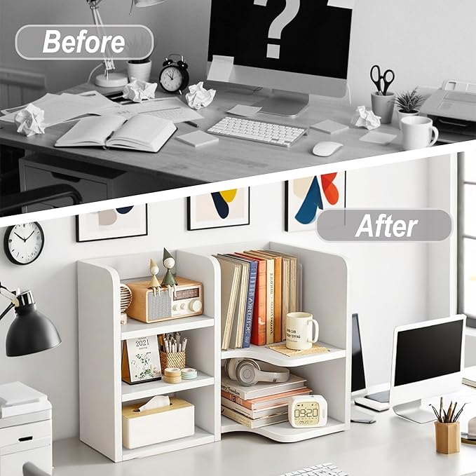 Desk Shelf,Small Bookshelf,Wooden Desk Hutch Desk Organizers,White Desktop Bookshelf and Accessories Storage Display Rack in Home Office Dorm,Freestanding Desk Shelf