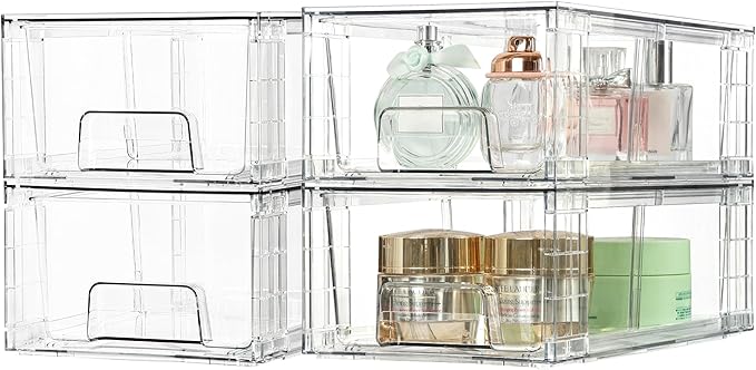 Vtopmart 8 Pack Stackable Storage Drawers,Clear Acrylic Drawer Organizers with Handles, Easily Assemble Containers for Fridge, Bathroom,Kitchen Undersink,Cabinet,Pantry Organization and Storage