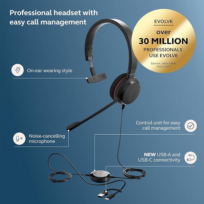 Jabra Evolve 20 Wired Headset (2025 Edition) - Single-Ear Wired Headset for Office and Work from Home - Call Control - Certified for MS Teams - USB-C/A Connectivity - Black