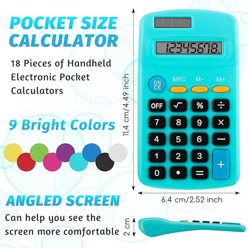 18 Pieces Bulk Pocket Size Student Function Calculator Mini Colorful Basic Solar Battery Calculator for Christmas Student School Gifts Home Office Desktop Accounting Tools