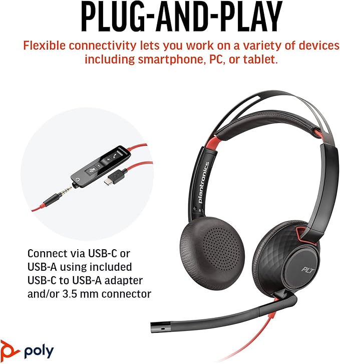 Poly Blackwire 5220 Wired Headset - Flexible Boom Mic - Noise Cancelling Headphones with Mic - USB-C, USB-A, 3.5mm - Ergonomic Over-Ear Design - Works with Microsoft Teams, Zoom - Work from Home