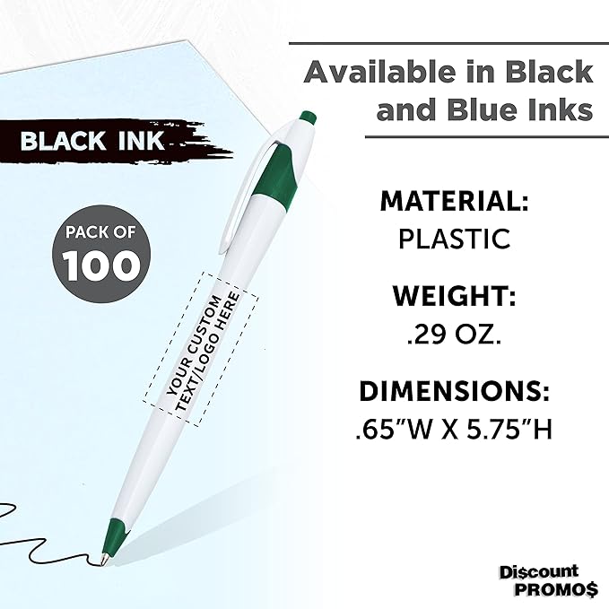 DISCOUNT PROMOS Custom Slim Curvy Ballpoint Pens Set of 100, Personalized Bulk Pack - Black Ink, Retractable, Great for Office, School, Tradeshows - Green