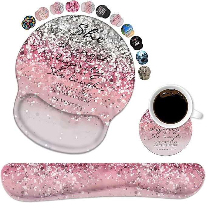 Keyboard Wrist Rest and Mouse Pad Wrist Support Set with Coasters, Non-Slip PU Base Ergonomic Gaming Mousepad for Home Office Working Studying Easy Typing & Pain Relief, Bible Verses Proverbs 31:25