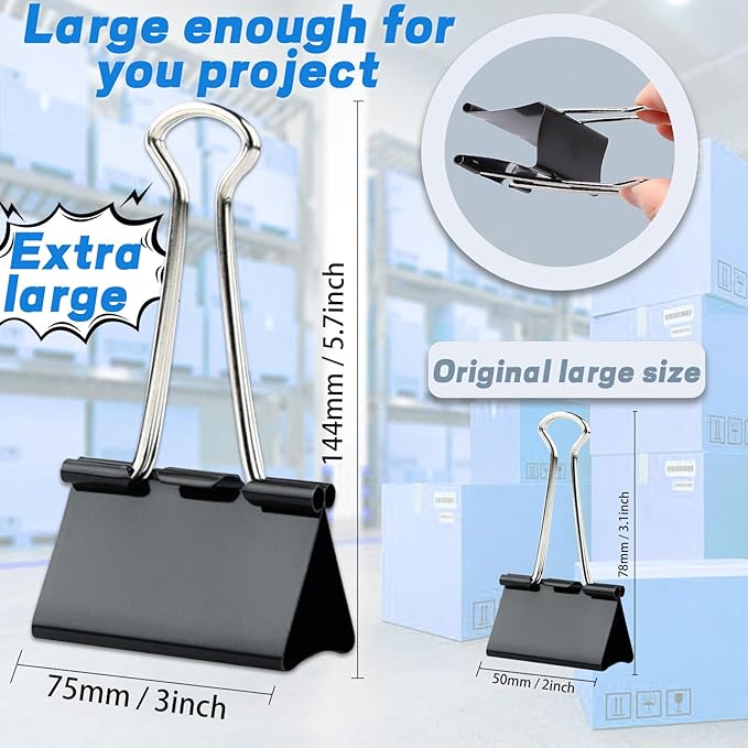 TOTDTDA 3 Inch Extra Large Jumbo Binder Clips (12 Pack), Heavy Duty Paper Clamps for Office and Home Supplies, Black