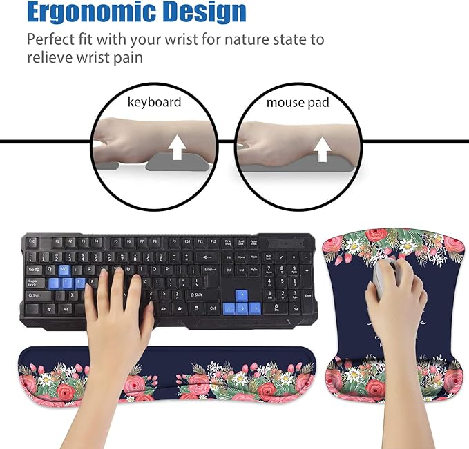 Keyboard Wrist Rest and Mouse Pad Wrist Support Set with Coasters, Floral Quote Bible Verses Proverbs 31:25 Design Wrist Mouse Pad with Non-Slip PU Base for Home Office Working Studying
