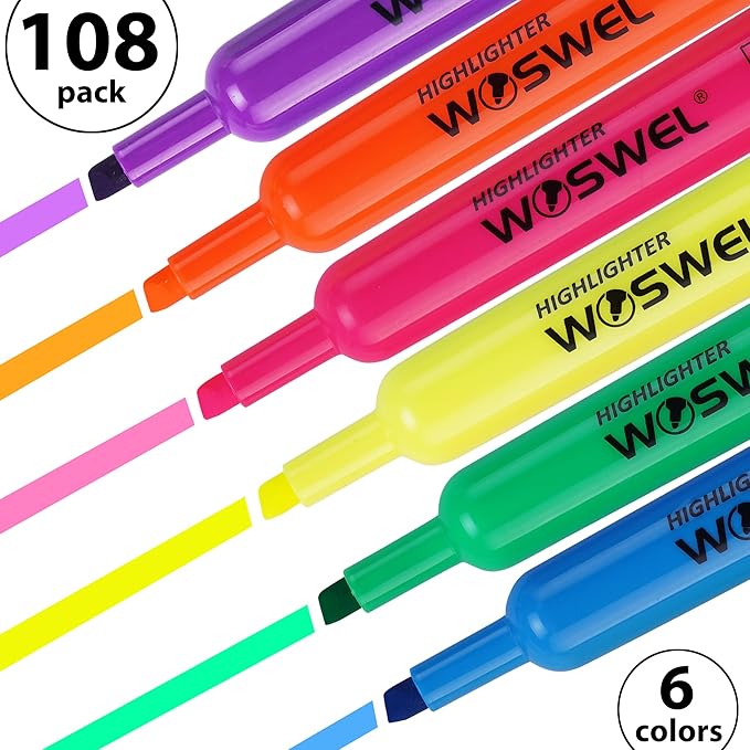 WOSWEL Highlighters Bulk, 108 Pack Tank Style Highlighters Assorted Fluorescent Colors Set, 6 Bright Colors Chisel Tip Highlighter Markers for Coloring, Highlighting as School Supplies