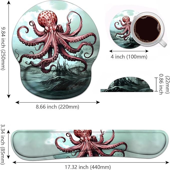 Keyboard Wrist Rest and Mouse Pad Wrist Support Set with Coasters, Non-Slip PU Base Ergonomic Gaming Mousepad for Home Office Working Studying Easy Typing & Pain Relief - Red Octopus