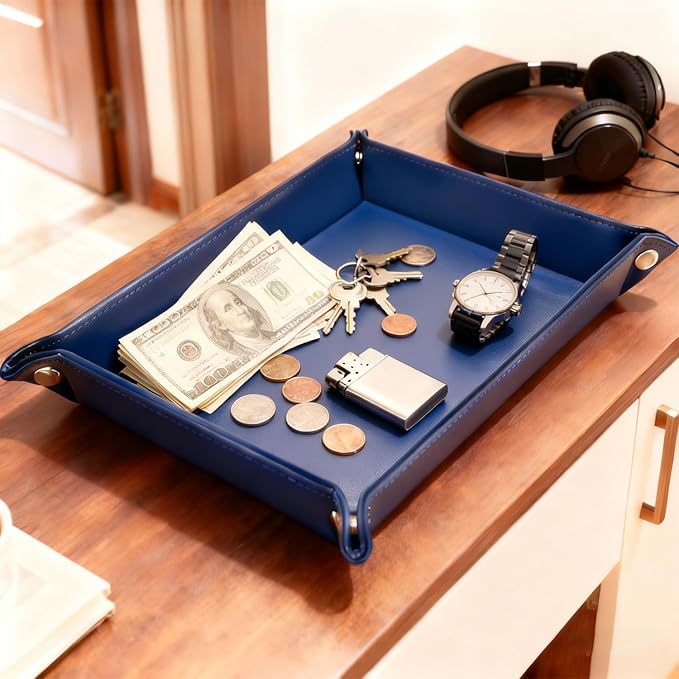 Leather Valet Tray Catchall Organizer, Navy Blue Desktop Storage for Keys, Coins, Wallet, Phone, Jewelry | Multi-Use Entryway Table, Desk & Nightstand Storage for Men & Women (Blue)