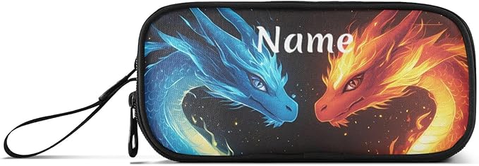 Custom Dragons Red Blue Fire Eyes Pencil Case Box Boys Girls Personalized Name Large Pencil Pouch Stationery Pen Bag Organizer for Kids Adults School Office