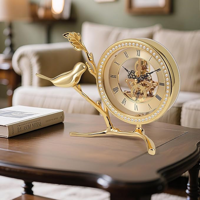 Anniversary Clock with Skeleton Dial & Gears, Golden Tabletop Clock for Living Room, Silent Battery Operated Desk Clock, Vintage Home Decor Gift Idea (Gold)