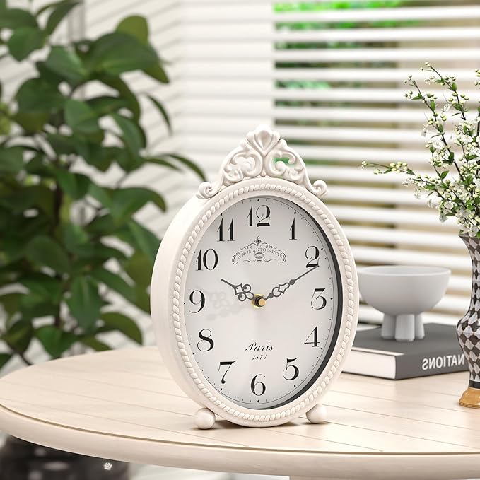 Abdurey Vintage Table Clock on Stand, Desk and Shelf Decorative Clock, French Rustic Style Antique White Mantel Clocks for Living Room,Farmhouse,Bedroom,Bedside,Gift Clocks