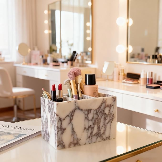 Natural Marble 3-Tier Organizer Box - Multi-Purpose Desktop Storage for Office Supplies, Kitchen Utensils, Makeup Brushes & Bathroom Essentials