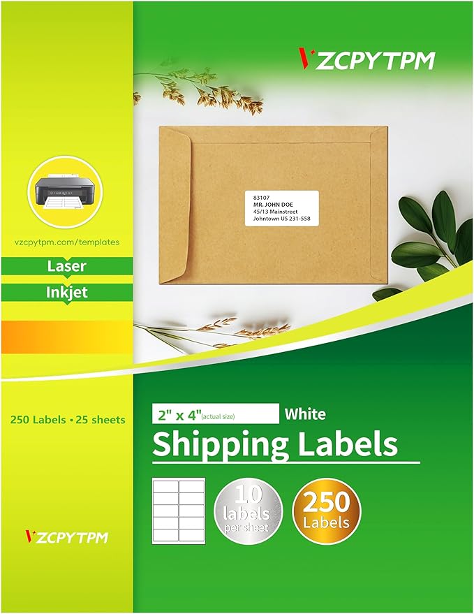 VZCPYTPM Printable Shipping Labels 2x4 Inches,250 Customizable White Sticker,Blank Address Labels for Printer, Shipping,File Folder Use,Inkjet & Laser Compatible