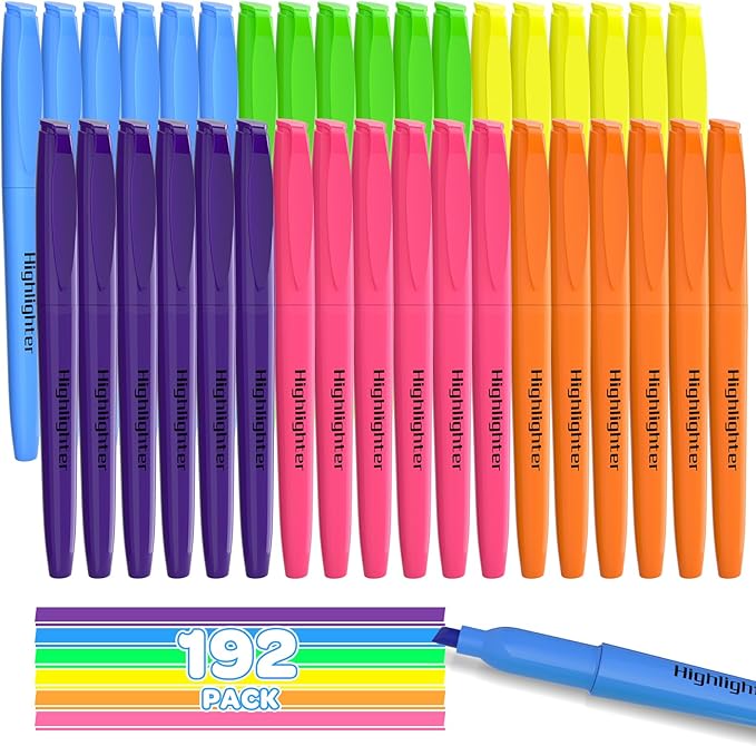 DUONIZAY 192 Count Highlighters Assorted Colors Bulk - 6 Colors Dry-Quickly No Bleed Chisel Tip Highlighter, Markers Set for Classroom Office, Back to School Supplies for Teacher Kids Adults