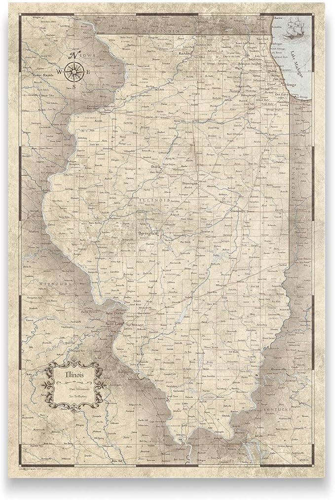 Push Pin Illinois Map Board - With Push Pins to Mark Illinois Travels - Handmade in Ohio, USA - Design: Rustic Vintage