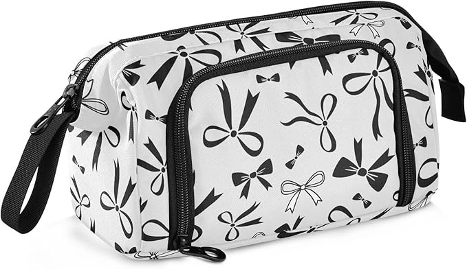 Bow Gray Pencil Case Pouch Big Capacity Pencil Bag Box Organizer Pen Case with Zipper Pencil Cases for Girls Boys Women School College Office