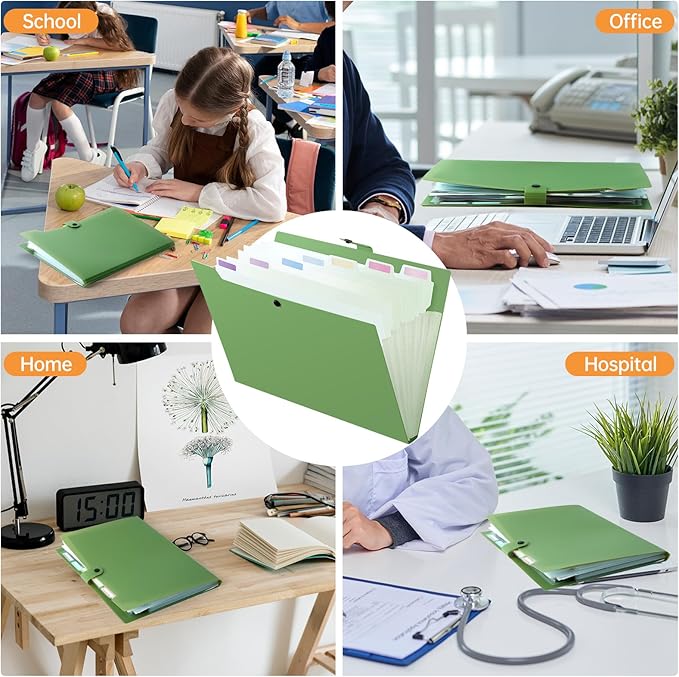 2 Pack Expanding File Folder with 8 Pockets, Accordion File Organizer for Documents, A4/Letter Size Paper File Folder Organizer with Labels, Portable Folders for School Office Supplies, Green