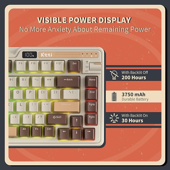 KZZI K75 PRO RGB 75% Wireless Gasket Mechanical Keyboard, Triple Mode BT 5.0/2.4G/USB-C 82 Keys Hot Swappable Gaming Keyboard w/Knob & Power Display, Custom Tactile Switches, Mousse Brown