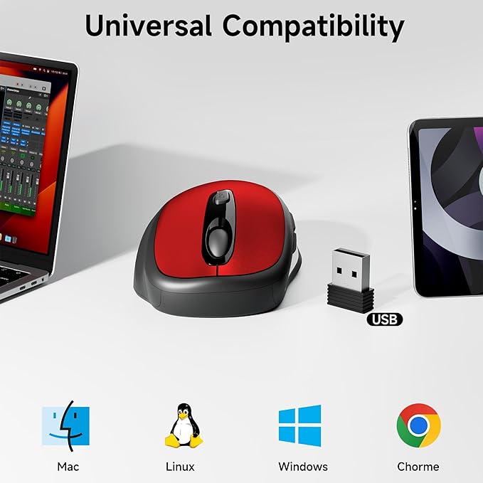 memzuoix Wireless Mouse, 2.4GHz Nano Receiver, 3 DPI Levels (800/1200/1600), 6 Buttons, Compatible with PC/Mac/Laptop - Red