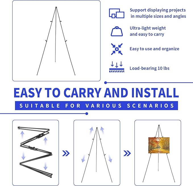 MXG Portable Folding Art Easel Stand for Sign,Painting&poster Display,66" Black Adjustable Height sign holder for Adults, Wedding, Classroom & Outdoor Use,with Wind Clips