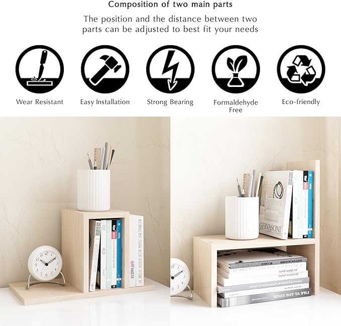 Jerry & Maggie Desktop Organizer Office Storage Rack Adjustable Wood Display Shelf, White, 5 Units, 16"L x 15.8"H x 6.8"W