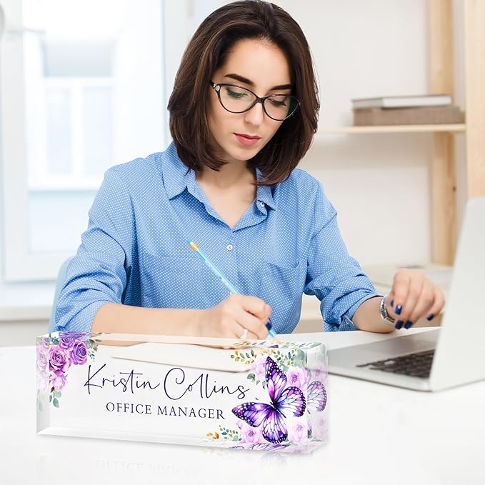 Custom Name Plate for Desk, Personalized Desk Name Plate on Clear Acrylic Glass, Appreciation Gifts for Teacher Employee Boss Coworkers Nurse, Office Desk Accessories for Women Men (Amethyst)