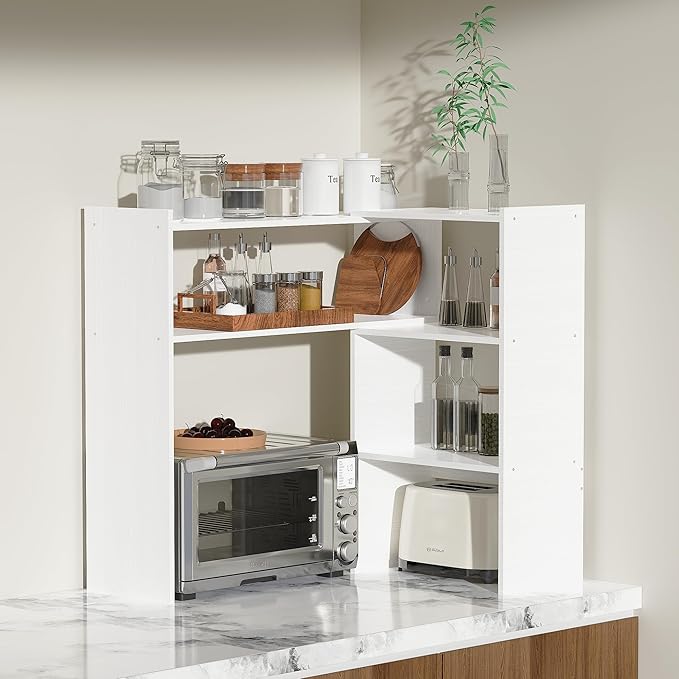 Aetheris Desktop Bookshelf, Office Desktop Organizer Shelf, Countertop Storage Hutch with 4 Shelves for Computer Desk, Adjustable Desk Hutch, Wooden Desktop Bookcase for Dorm Office Home, White