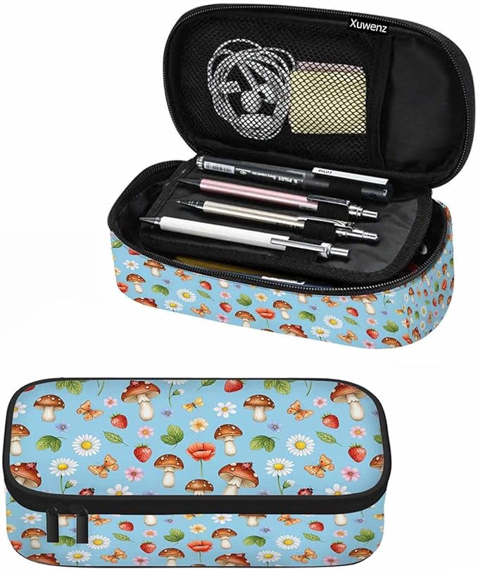 Mushrooms Pencil Case Organizer Butterfly Strawberry Summer Flowers Berries Stationery Box Makeup Colleague Office Supply for Adults Men Women