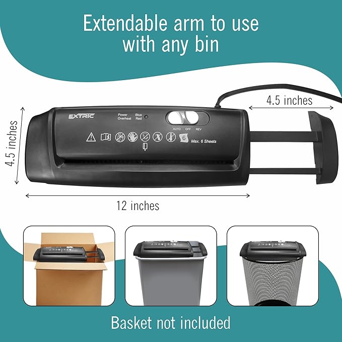 Paper Shredder for Home, Paper Shredders Heavy Duty with Extendable Arm – 6 Sheet Strip-Cut, Credit Card Slot, Mini Document Shredder Without Basket for Home, Office – Overheat, Jam Protection