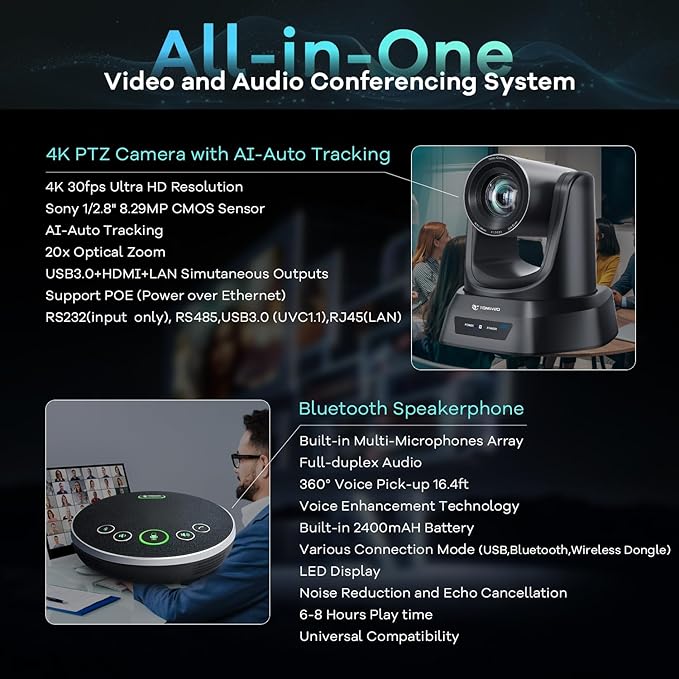 TONGVEO 4K AI Auto Tracking PTZ Conference Camera System with Bluetooth Speakerphone & Microphone, 20X Optical Zoom, USB3.0 HDMI LAN PoE Power Camera for Church Worship, Meetings, Streaming