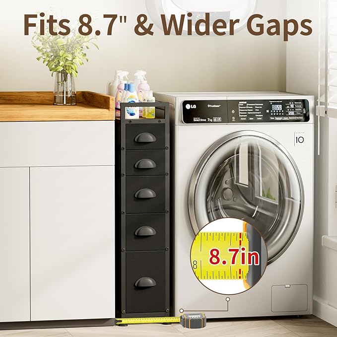 LASZOLA 5 Drawer Narrow Dresser Slim Cabinet Skinny Storage Tower Chest, Ideal for Small Spaces Bathroom Bedroom, Between Washer and Dryer, Lightweight Mobile on Wheels, Sturdy Fabric Drawers, Black