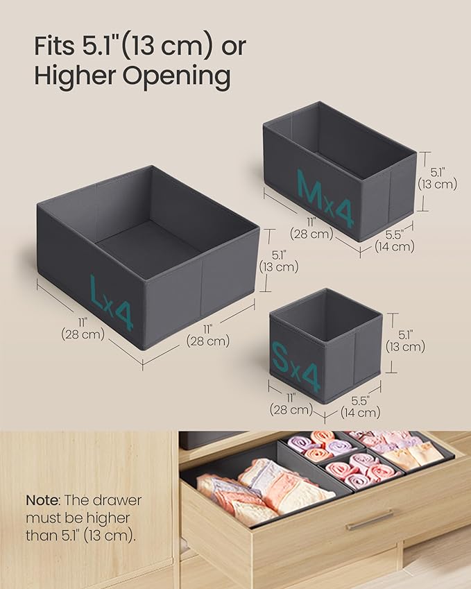 SONGMICS Drawer Organizer, Dresser Drawer Organizers, Set of 12, Foldable Fabric Storage Bins for Socks, Underwear, Bras, Ties, Scarves, Slate Gray URDZ006G03