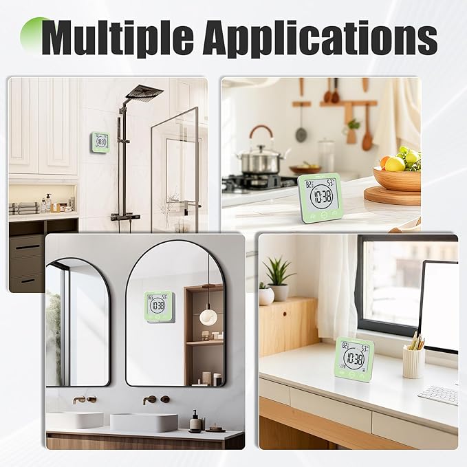 Baldr Shower Clock Waterproof Bathroom Clock with Timer/Temperature/Humidity, Digital Timers for Kids and Adults, Bath Kitchen Study, Green