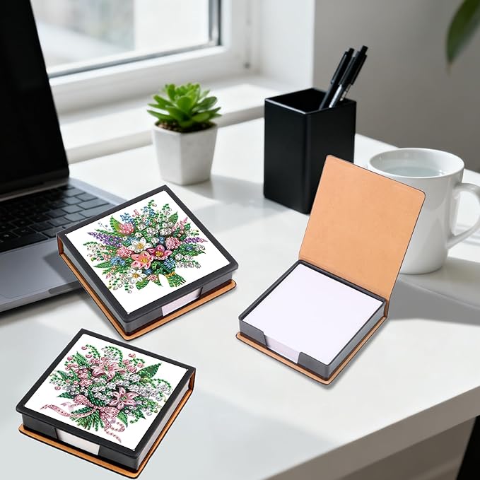 2 pcs Flower Diamond Painting Kit Note Box,Memo Paper Storage Box Diamond Art,Sticky Note Holder Diamond Art,Diamond Painting Memo Pad For Office Desk. (Flower)
