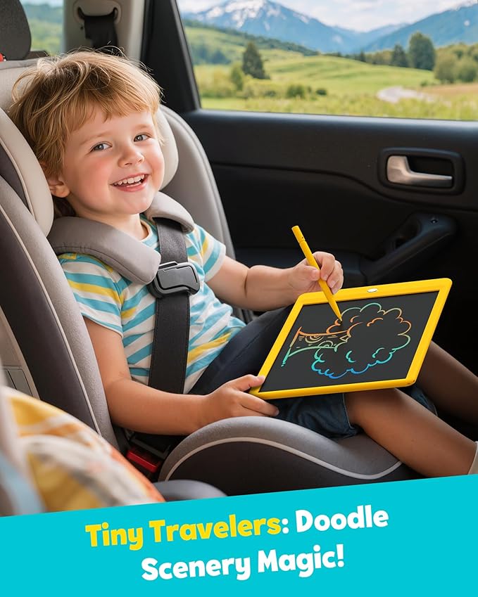 TEKFUN Toys for Girls Boys 10IN LCD Writing Tablet, Magic Doodle Board with Anti-Lost Stylus, Mess Free Coloring for Toddlers Drawing Pad, Toddler Travel Car Plane Trip Toys Gifts (Yellow)