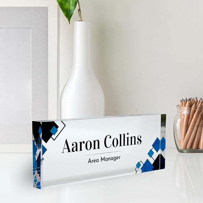 Customized Clear Acrylic Thick 8x3" Desk Name Plate Block with Personalized Logo - Professional Office Decor - Customized Acrylic Plate Gift for Teacher Co-workers, Christmas Gifts for Her, Thanksgiving Gifts (Elegant Squares)