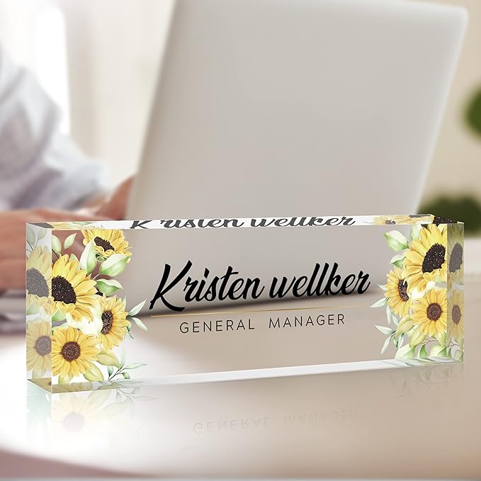Personalized Office Name Plate for Desk, Custom Employee Appreciation Gifts, Acrylic Desk Name Plate Funny, Desk Decorations Gift, Acrylic Desk Ornaments (Sunflower)